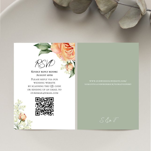 Persikofärgad Blommigt QR-kodOSA OSA Kort (Elegant wedding RSVP card with watercolor peach floral design.)