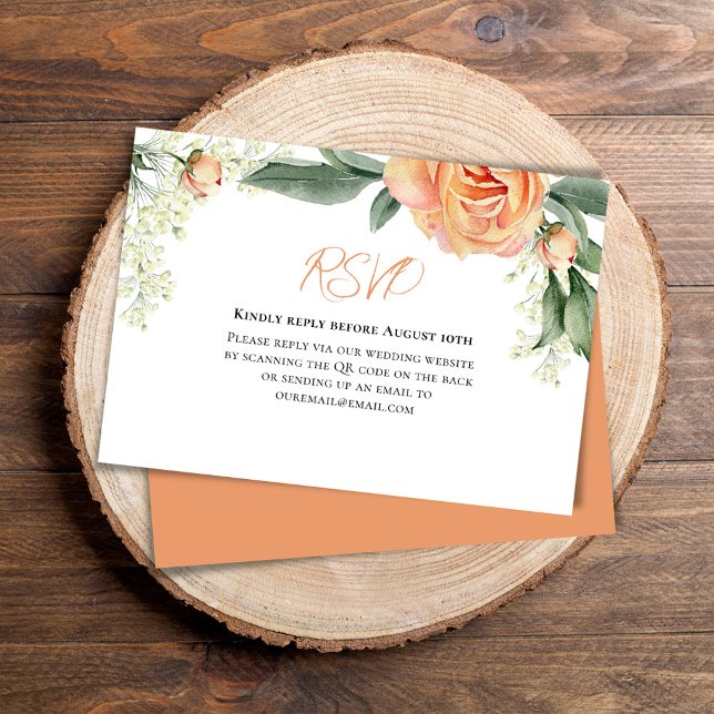 Persikofärgad Blommigt QR-kodOSA OSA Kort (Wedding RSVP reply card with elegant watercolor peach floral. )