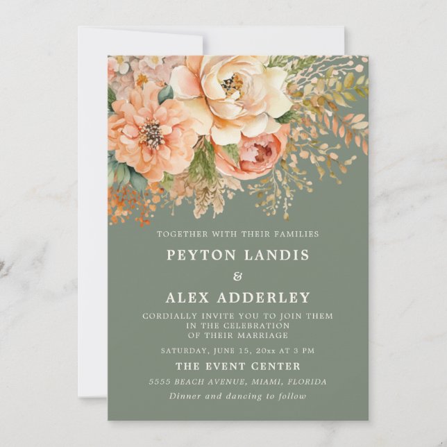 Persikofärgad Blommigt Sage Grönt Bröllop Inbjudningar (Framsida)