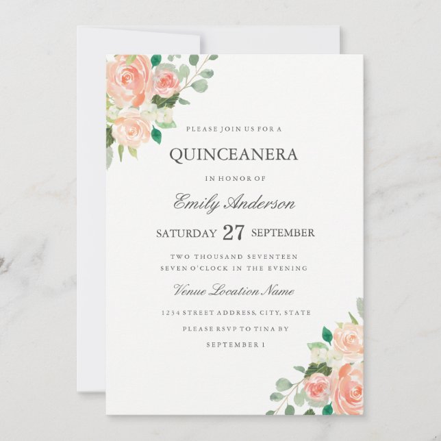  persikofärgad Blommigt vattenfärg Quinceanera Inb Inbjudningar (Framsida)