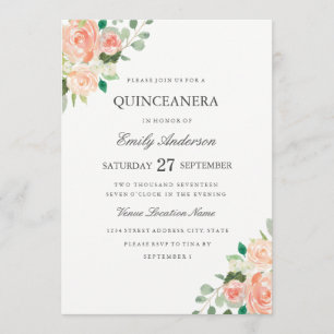  persikofärgad Blommigt vattenfärg Quinceanera Inb Inbjudningar
