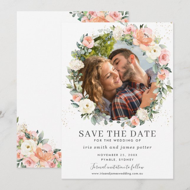 Persikofärgad Elfenbensvit Rosa Blommig Foto Spara Inbjudningar (Fram/baksida)