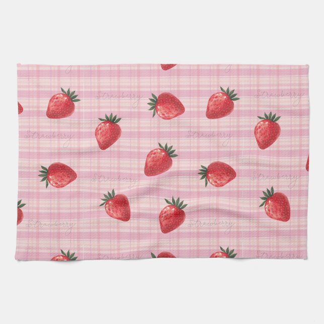 Persikofärgad Jordgubbs-Gingham Kökshandduk (Horisontell)