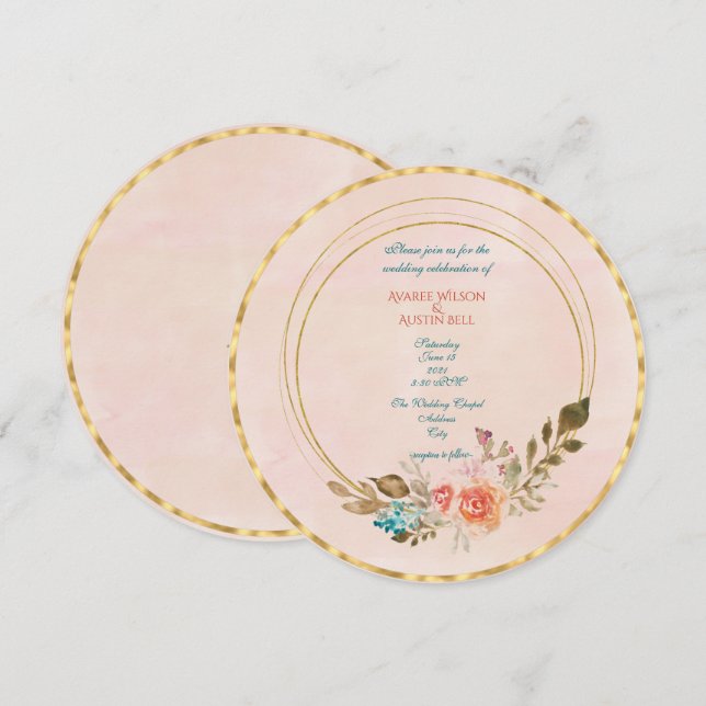 Persikofärgad Ro och Guld Geometric Ram Inbjudningar (Fram/baksida)