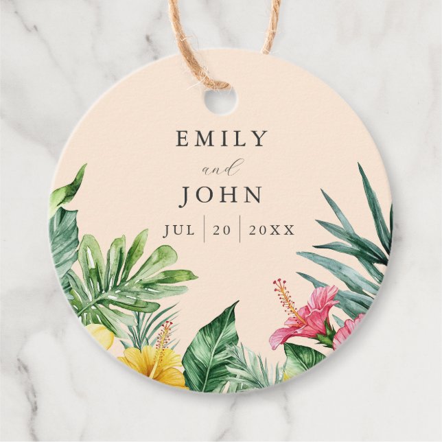 Persikofärgad tropisk Blommigt Bröllop Tack Gåvor Etiketter (Framsida)