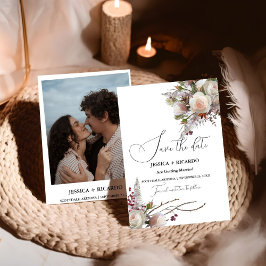 Persikofärgad vattenfärg blommig bröllopsfoto spara datumet