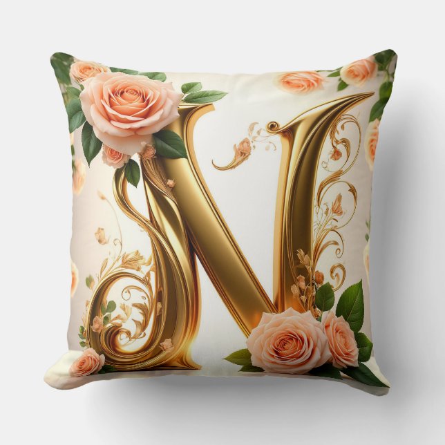 🌷 Persikofärgade Blommiga Monogram N Dekor 🌼 Kudde (Framsida)