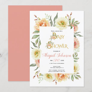 Persikofärgade blommor Babydusch för flickor Inbjudningar