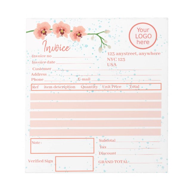 Persikofärgade blommor Florist Invoice Anteckningsblock (Framsida)