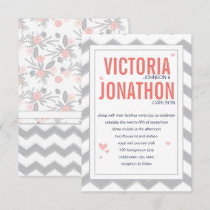Persikoflotta och Grått Zig Zag Typography Bröllop Inbjudningar