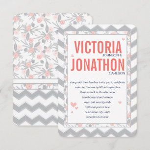 Persikoflotta och Grått Zig Zag Typography Bröllop Inbjudningar