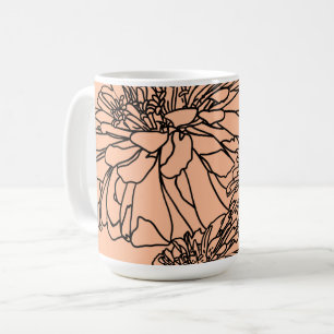 Persikofuzz enkel svart linje blommigt teckning kaffemugg
