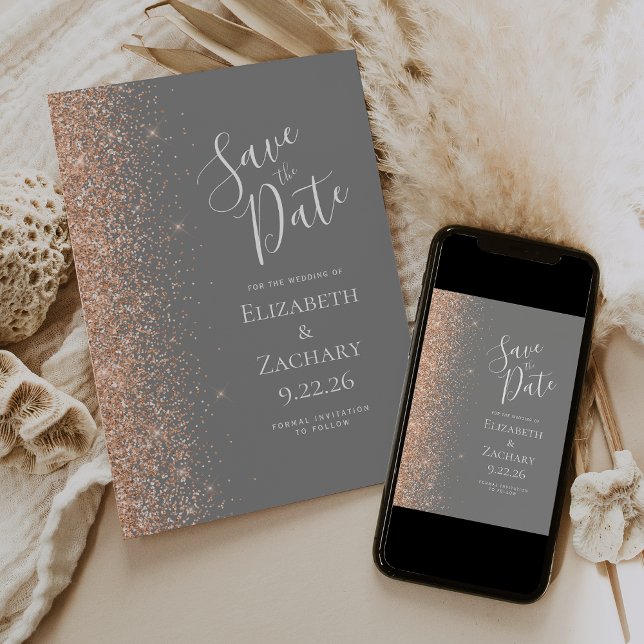Persikoglitterkant Grå Save the Date Meddelande (Skapare uppladdad)