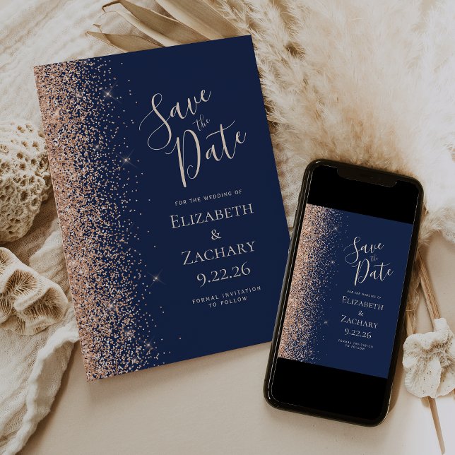 Persikoglitterkant Navyblå Save the Date Meddelande (Skapare uppladdad)