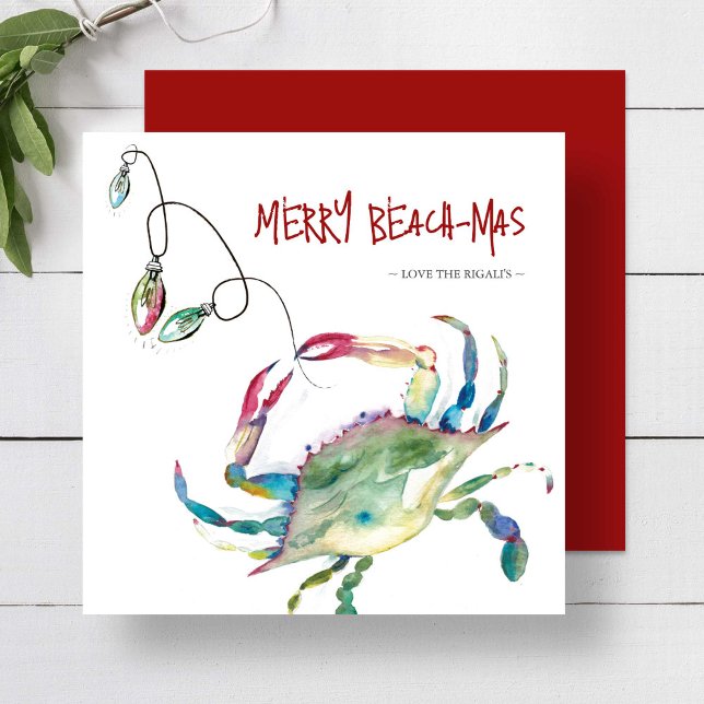 Persikokort Vattenfärgsblå krabba Julkort (Beach Christmas cards Merry Beach-mas watercolor blue crab Victoria Grigaliunas of Do Tell A Belle)