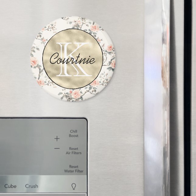 Persikokräm Blommig Guld Monogram      Magnet (In Situ (Fridge))