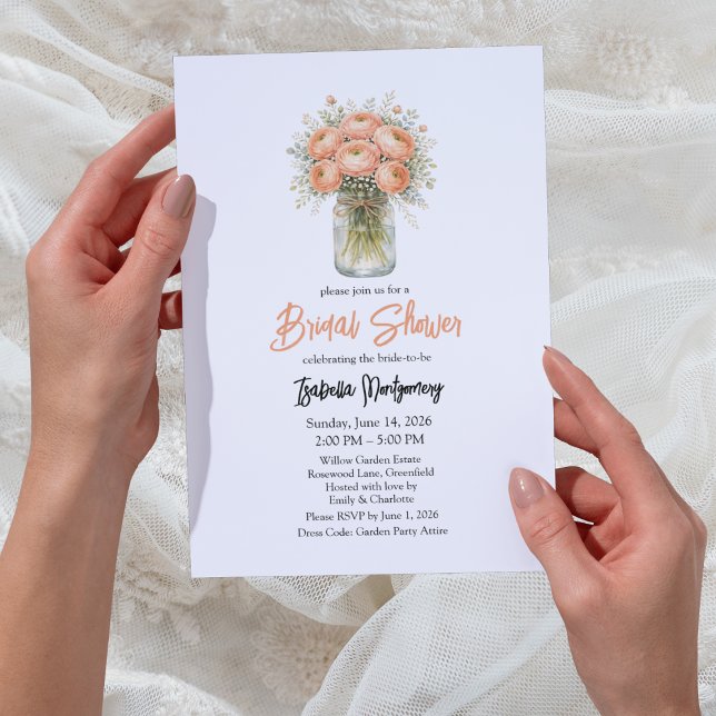 Persikopalet Ranunculus Masonburk Bröllopsfest Inbjudningar (Peach Palette Ranunculus Mason Jar Bridal Shower Invitation
)
