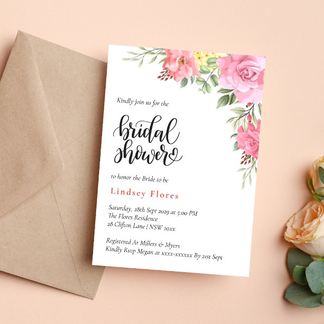 Persikor Blommig Ros Grönska Bröllopsfest Inbjudningar (Peach floral rose greenery invitation creates a warm, romantic bridal shower tone)