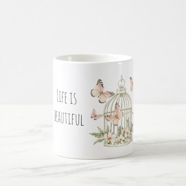 Persikor Fjärilar Blommig Fågelbur Kaffemugg (Center)