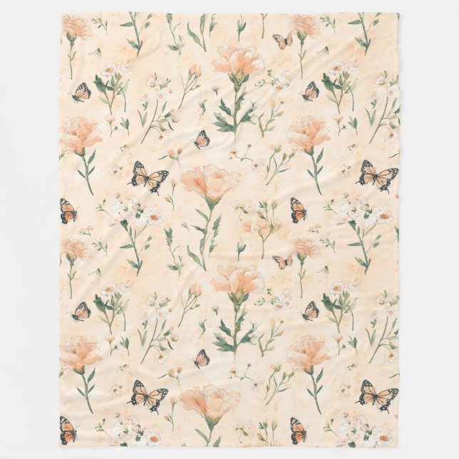 Persikor Fjärilar Blommig Fleecefilt (Framsidan)