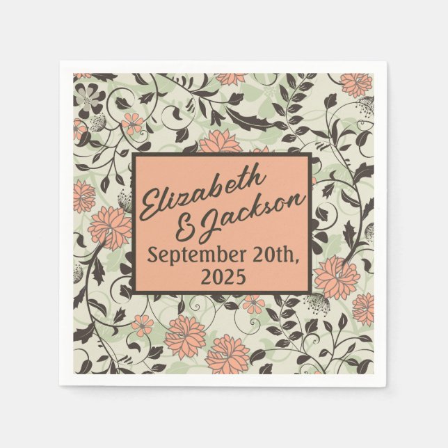 Persikor, Grönt och Brown Chintz Bröllop Cocktail Pappersservett (Framsidan)