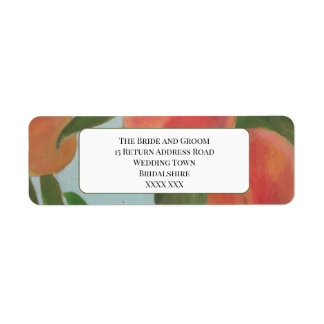 Persikor med ljust blå brud & brudgum-sticker returadress etikett