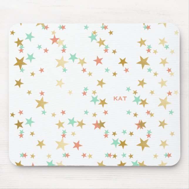 Persikor, mynta och Guld Stars Konfetti Monogram Musmatta (Framsidan)