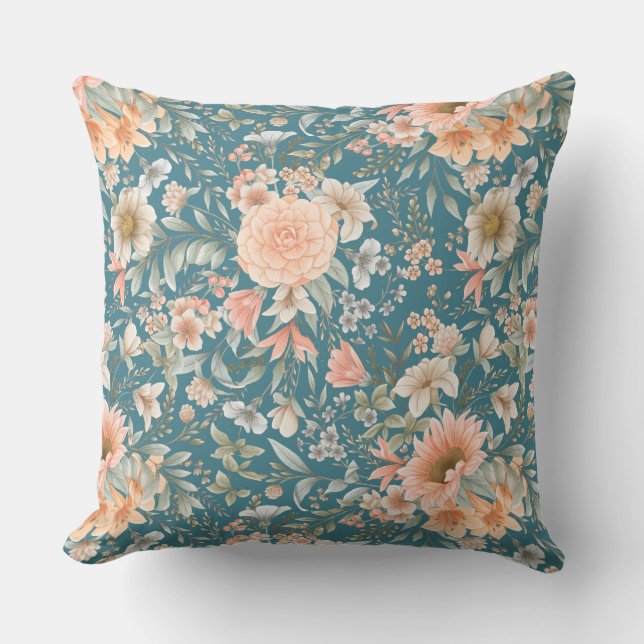 Persikor och blå Blommigt på Medium Teal Dekorativ Kudde (Framsida)