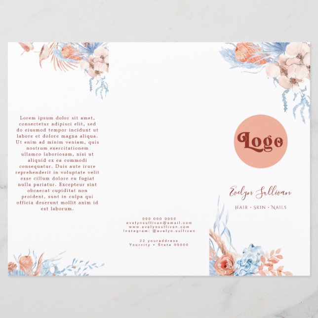 Persikor och blå tropiska broschyr (Framsida)