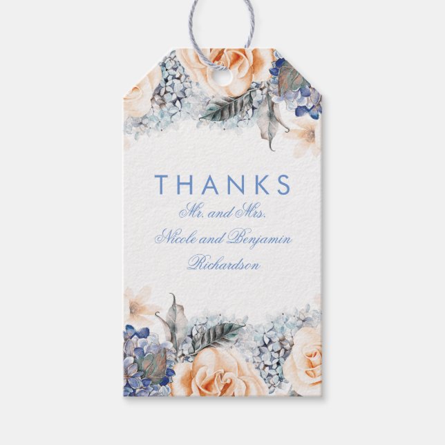 Persikor och Blåa blommor Elegant bröllop Presentetikett (Framsidan)