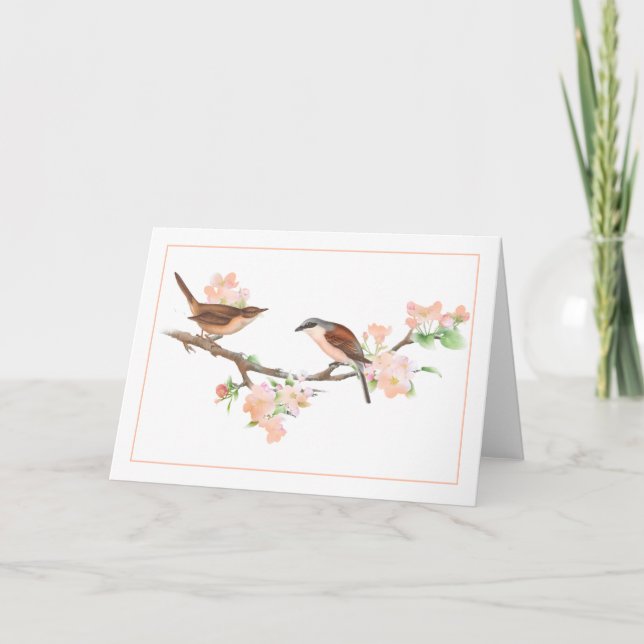 Persikor och bruna fåglar på en Appleblossom Gren Kort (Framsida)