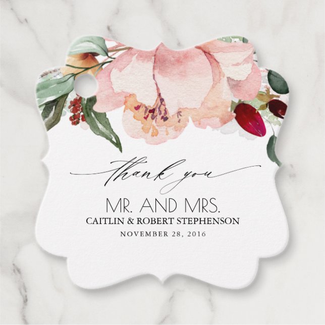 Persikor  och Burgundy Bröllop Tack Gåvor Etiketter (Framsida)