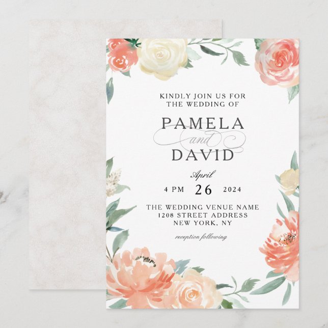 Persikor och Cream Watercolor Blommigt Bröllop Inbjudningar (Fram/baksida)