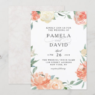 Persikor och Cream Watercolor Blommigt Bröllop Inbjudningar