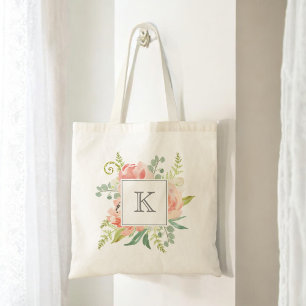 Persikor och Cream Watercolor-Blommigt med Monogra Tygkasse