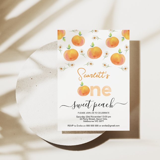 Persikor och daisy 1 Persikospa 1:a födelsedagen Inbjudningar (Girls One Sweet Peach First Birthday Invitations, One Sweet Peach invite, 1st Birthday Invitations)