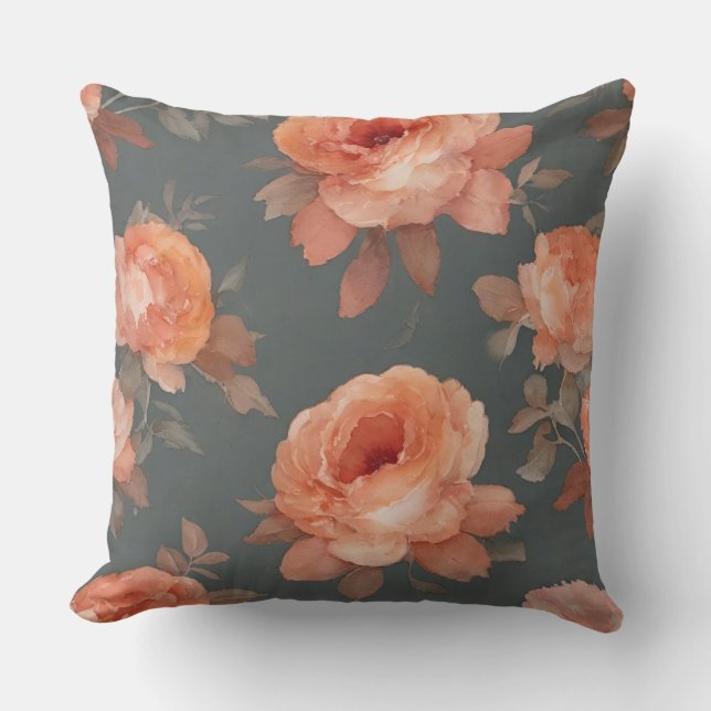 Persikor- och Grått-Blommigt Kudde (Framsida)