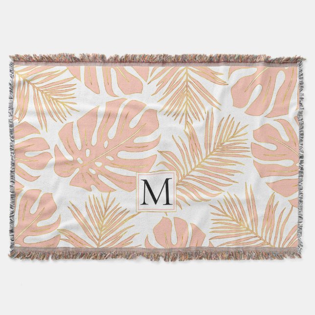 Persikor och guld tropiska löv och monogram filt (Framsidan)