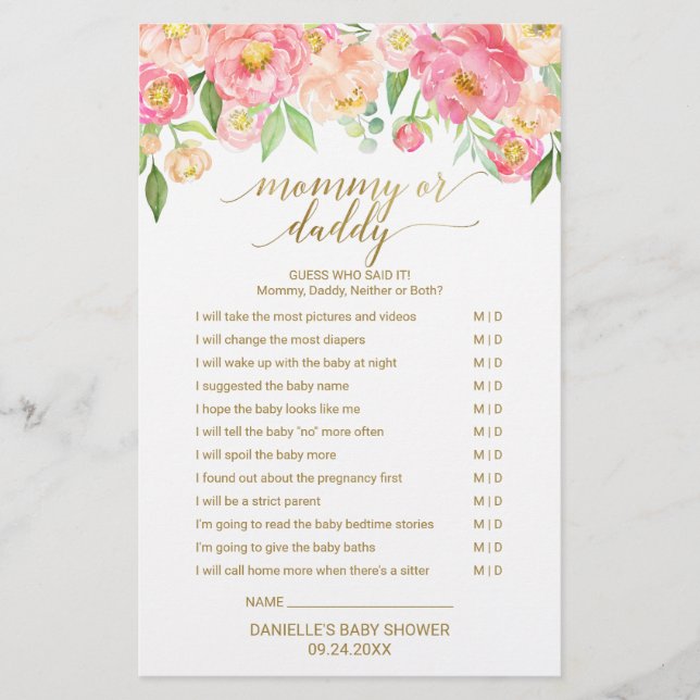 Persikor och Rosa Peony Flower Baby Ord Scramble G (Framsida)