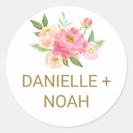 Persikor och Rosa Peony Flower Bröllop Kuvert Seal Runt Klistermärke