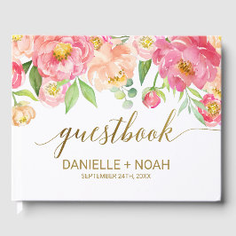 Persikor och Rosa Peony Flowers Bröllop Gästböcker
