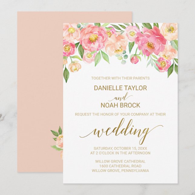 Persikor och Rosa Peony Flowers Bröllop Inbjudningar (Fram/baksida)