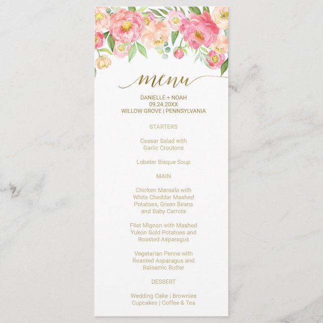 Persikor och Rosa Peony Flowers Bröllop Menu Meny (Framsida)