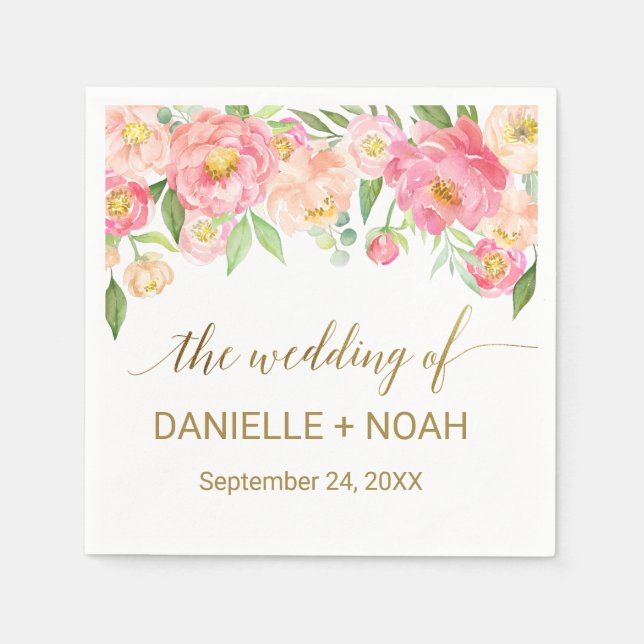 Persikor och Rosa Peony Flowers Bröllop Pappersservett (Framsidan)