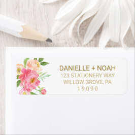 Persikor och Rosa Peony Flowers Bröllop Returadress Etikett