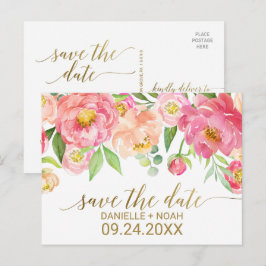 Persikor och Rosa Peony Flowers Bröllop spara datu Meddelande Vykort