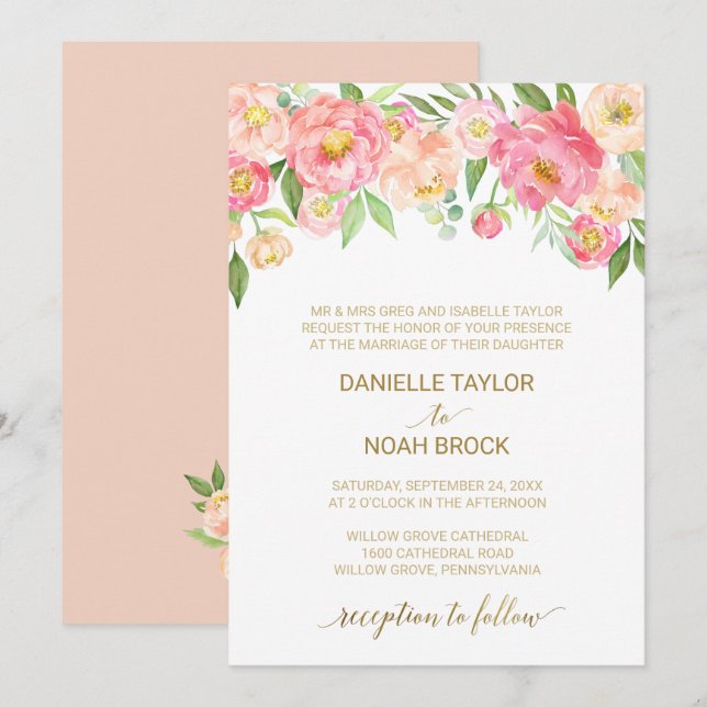 Persikor och Rosa Peony Flowers Formal Bröllop Inbjudningar (Fram/baksida)