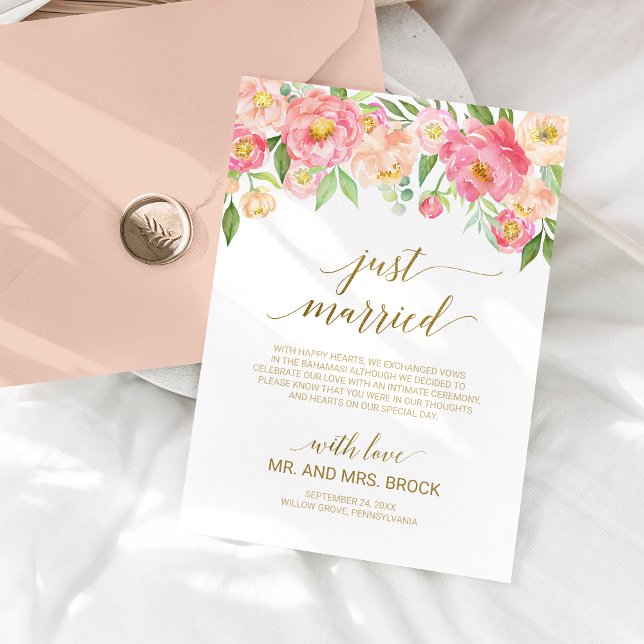 Persikor och Rosa Peony Flowers Ny gifta Giftermål Meddelande (Skapare uppladdad)