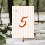 Persikor och tangerine Retro Stripe Bröllop Bordsnummer<br><div class="desc">Vi presenterar vår exquisite peach and tangerine bröllop-bordsnummer, designad för att lägga till en aning retro charm till din speciella dag. Den mjuka persikofärgade randen är som en vacker bakgrund, kompletterad med den pulserande tangerinrokalligrafi som tillför en bild av färg och sofistikering. Dessa bordsnummer är perfekter för par som uppskattar...</div>
