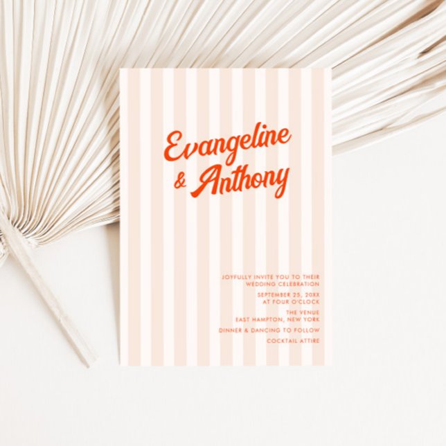 Persikor och tangerine Retro Stripe Bröllop Inbjudningar (Skapare uppladdad)